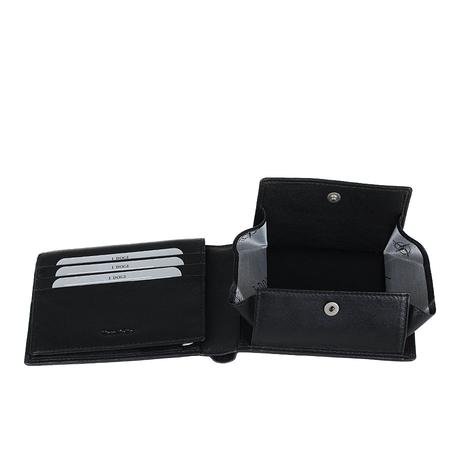 Tony Perotti Cortina 5052 nero opened with the coin pocket unsnapped — the gusseted pocket spread open beside the card slots