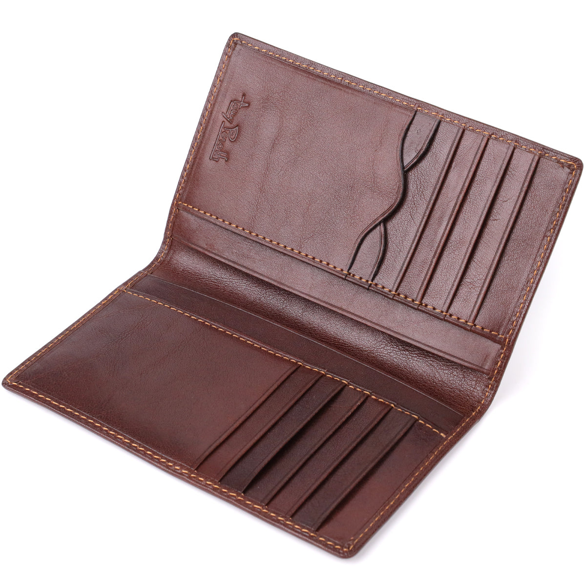 Tony Perotti Italico 1438 moro dark brown leather wallet open and empty — two columns of card slots on both sides, embossed Tony Perotti signature