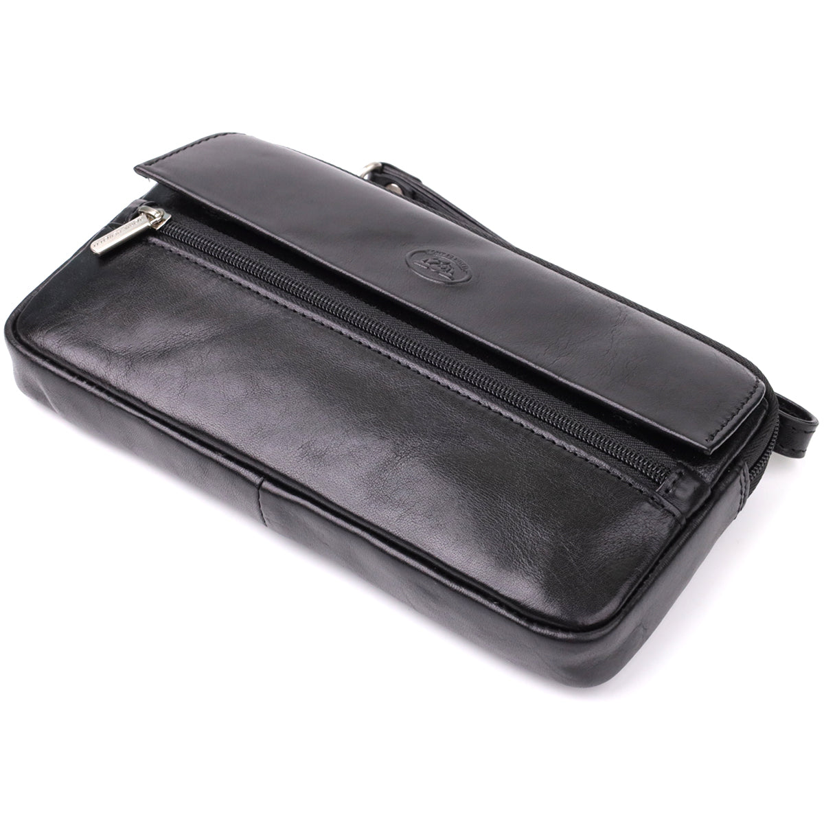 Tony Perotti Italico 9405 nero black leather clutch at an angle — front zip pocket, narrow flap with embossed emblem, branded zip pullers and wrist strap