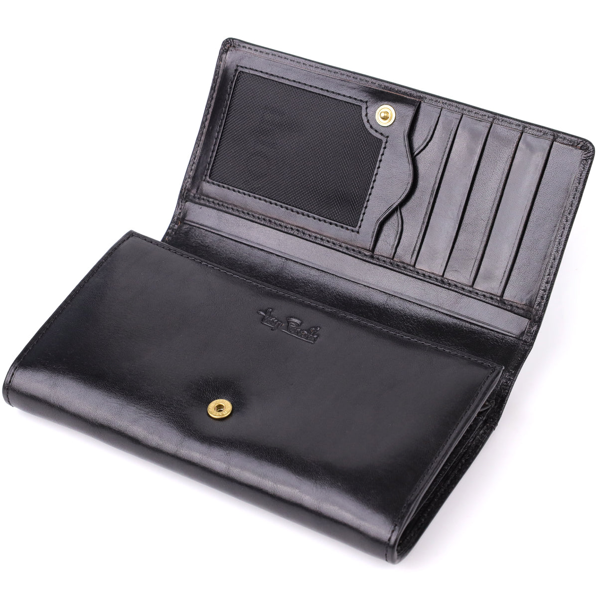 Tony Perotti Italico 1073 nero black leather wallet open — mesh document window with a snap tab on the left, five card slots on the right, embossed Tony Perotti signature