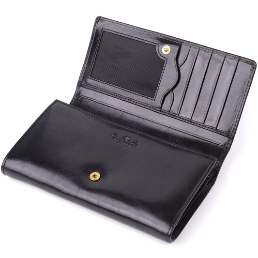 Tony Perotti Italico 1073 nero black leather wallet open — mesh document window with a snap tab on the left, five card slots on the right, embossed Tony Perotti signature