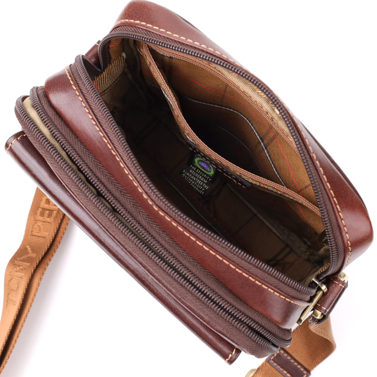 Close-up of the Italico 9148-17 interior showing the checked lining, a card slip pocket and three pen loops