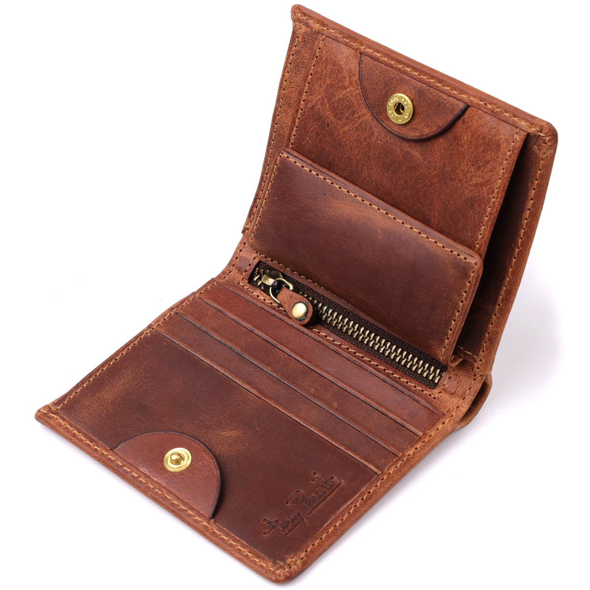 Tony Perotti Arno 1165 whisky brown leather bifold wallet open and empty — snap coin pocket, card slots and a zip coin pocket