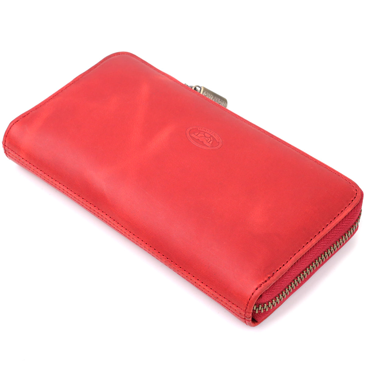 Tony Perotti Arno 2250 rosso red leather wallet, front view lying flat with the embossed oval Tony Perotti emblem