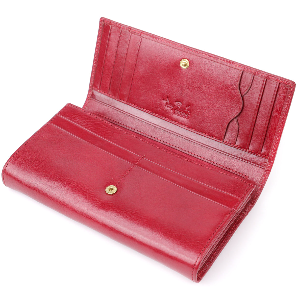 Tony Perotti Italico 1911 rosso red leather wallet open and empty — snap-fastened flap, card slots and the embossed Tony Perotti signature
