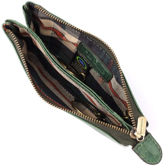 Tony Perotti Arno 3350 deep green leather key case with dimensions marked — 14 × 2 × 7 cm