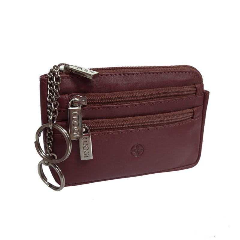 Red leather key pouch at an angle with two key rings on chains — Tony Perotti Cortina 5016 rosso