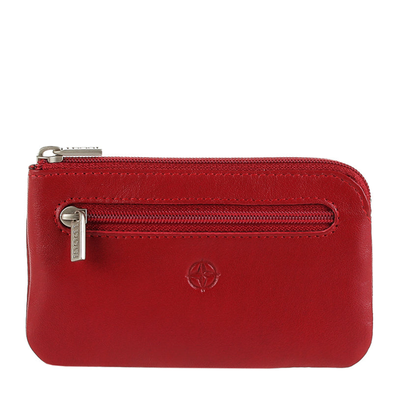 Tony Perotti red calf leather zip key pouch with embossed Cortina compass emblem — Cortina 5002 rosso