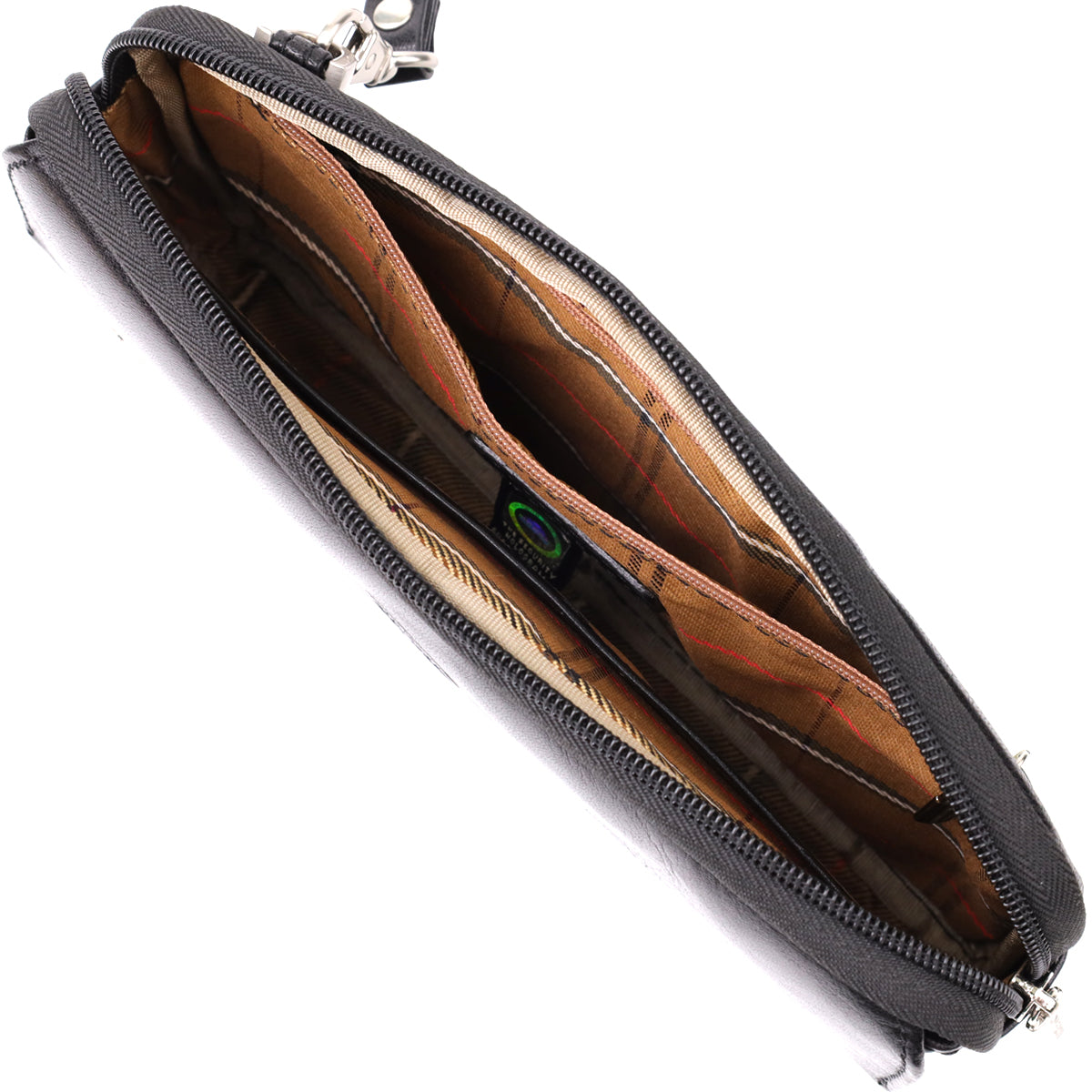 Back of the Tony Perotti Italico 9405 nero black leather clutch — cursive embossed Tony Perotti signature, zip pocket and wrist strap
