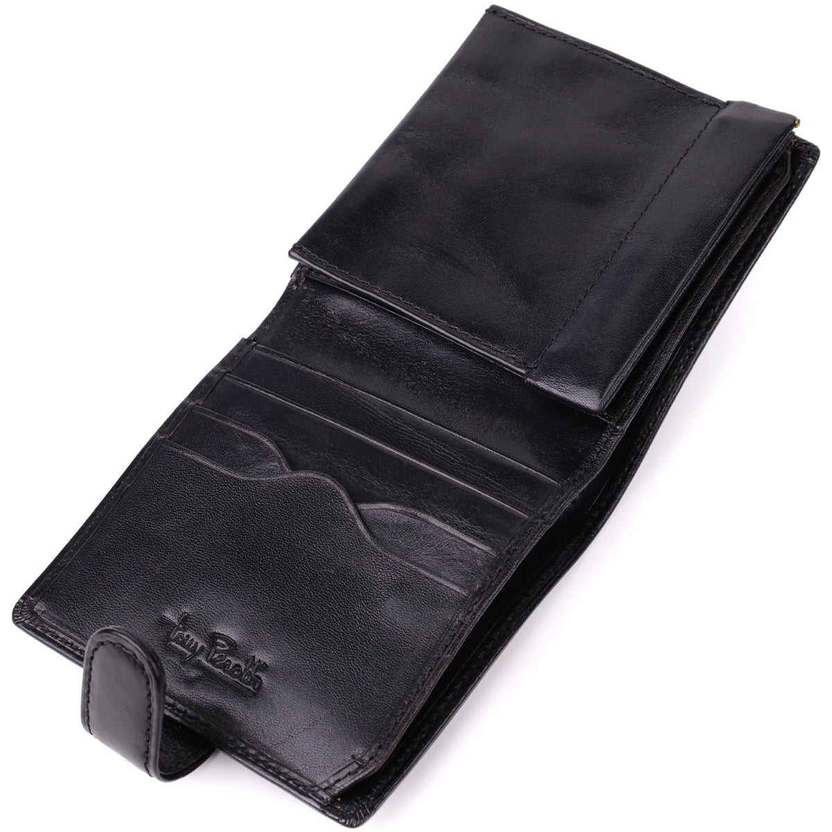 Tony Perotti Italico 1256 nero black leather wallet opened out flat and empty — removable coin pouch panel on top, card slots below with the embossed Tony Perotti signature