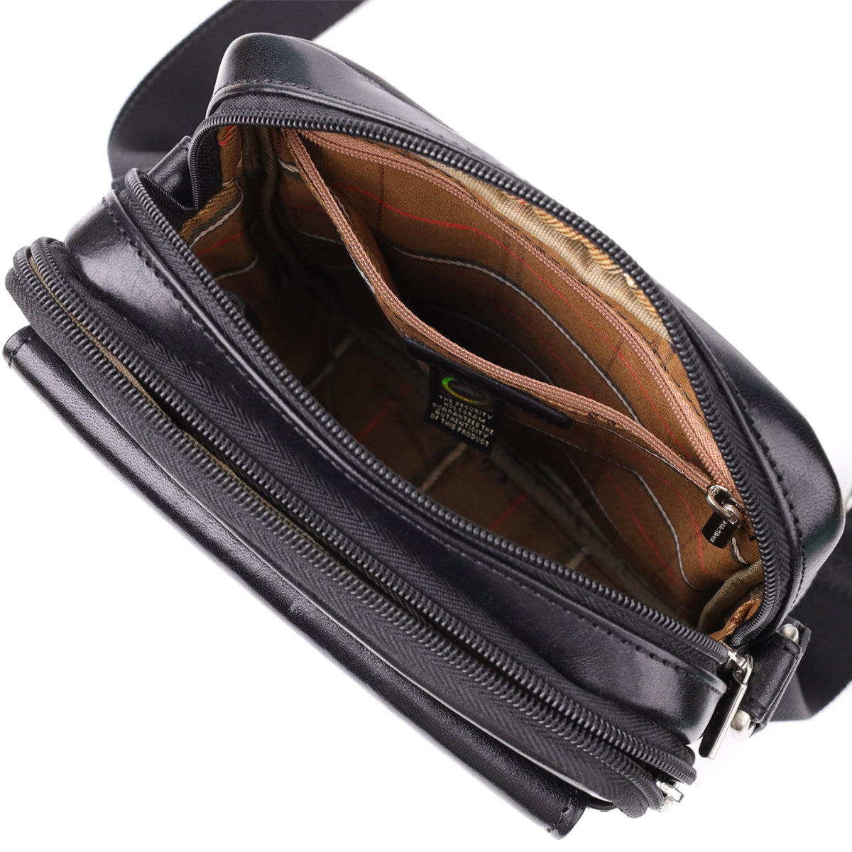 Interior of the Italico 9148-17 black bag open at the top, showing the checked lining and the round security hologram authenticity tag