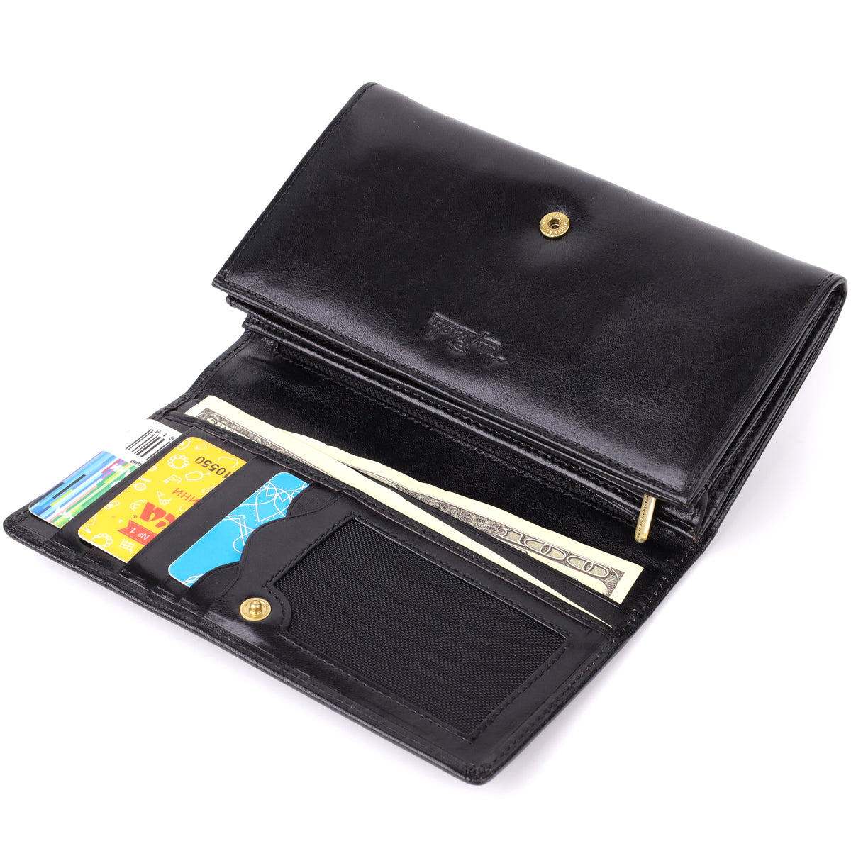 Tony Perotti Italico 1073 nero black leather wallet open and filled — several cards including a barcode loyalty card, a mesh pocket with a card on a snap, banknotes behind the flap