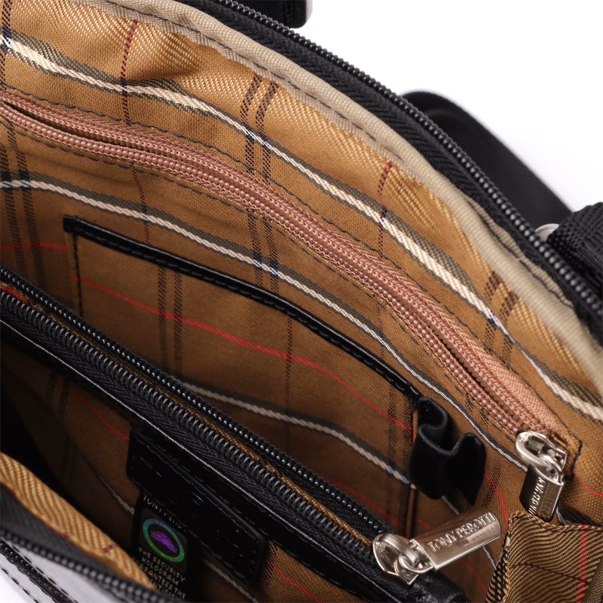 Interior of the Italico 9137-20 bag open flat, showing the tartan-checked lining, an inner zip pocket and an open slip pocket