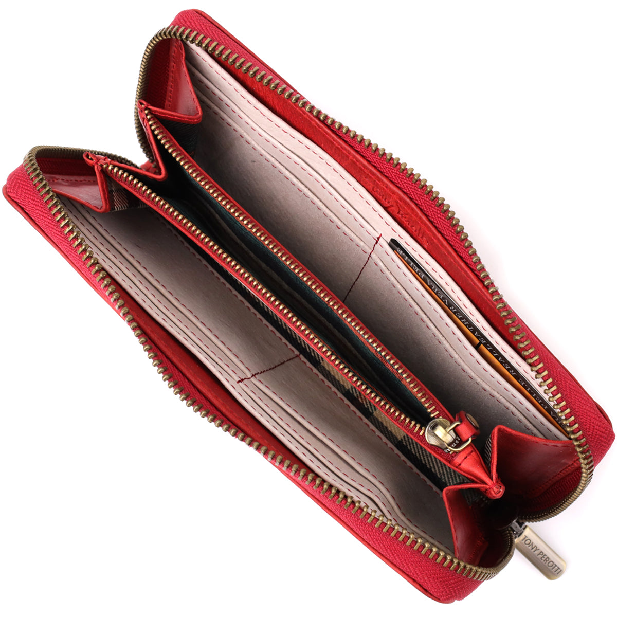 Tony Perotti Arno 2250 rosso red leather wallet open and empty — light lining, bill and card sections, an inner zip pocket with a tartan trim