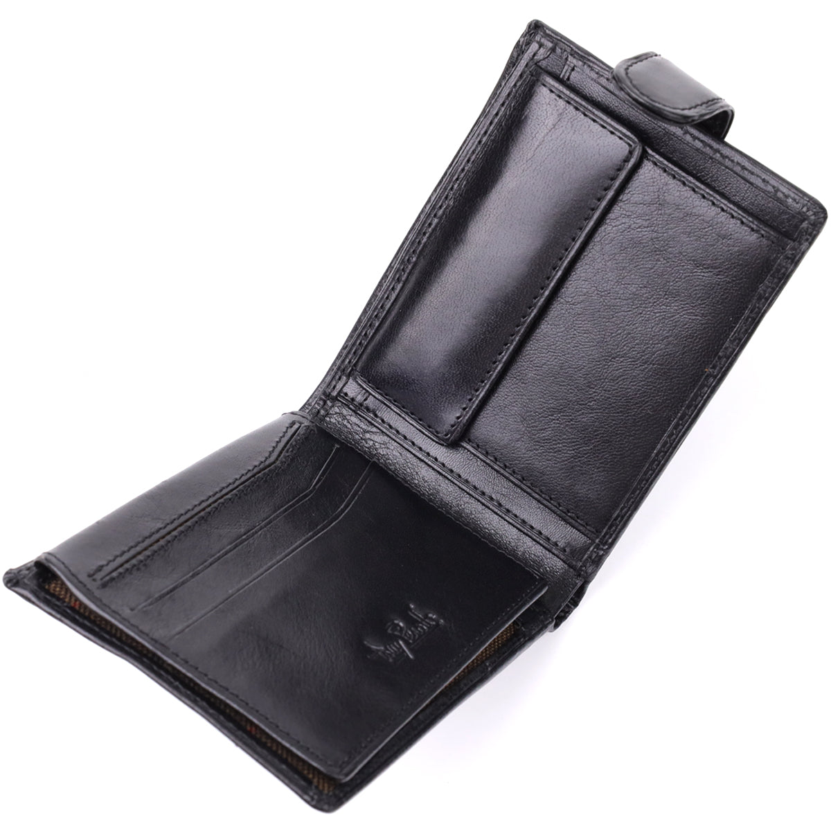 Tony Perotti Italico 396A-Q nero black leather bifold wallet open and empty — bill compartments, embossed Tony Perotti signature and tartan lining trim
