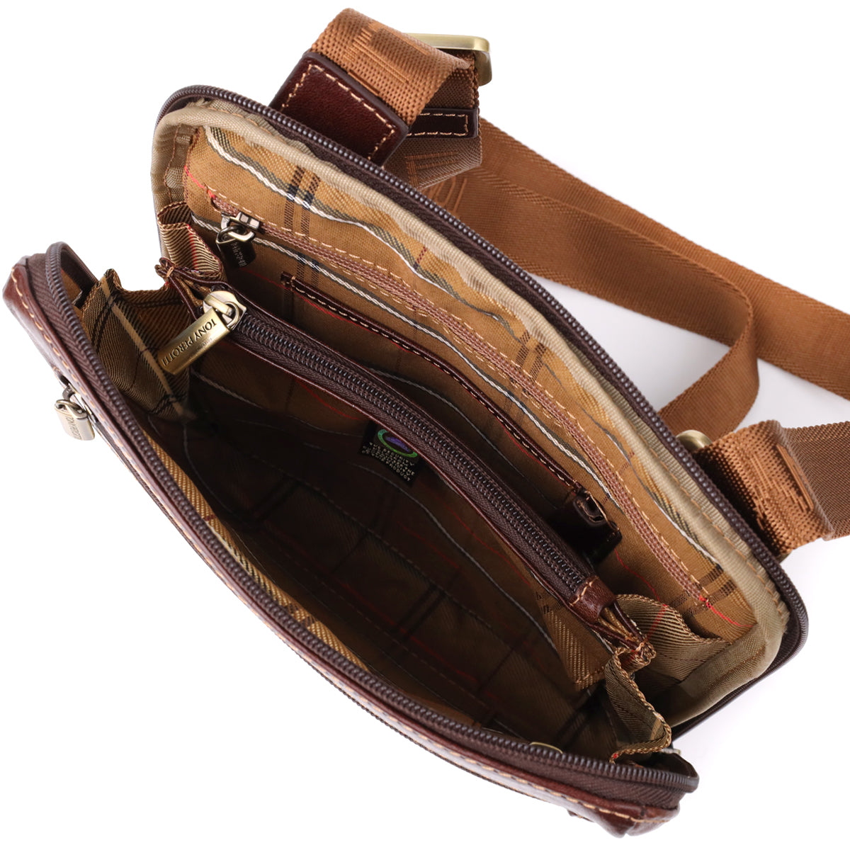 Interior of the dark brown Italico 9137-20 bag open flat, showing the tartan-checked lining, an inner zip pocket and an open slip pocket