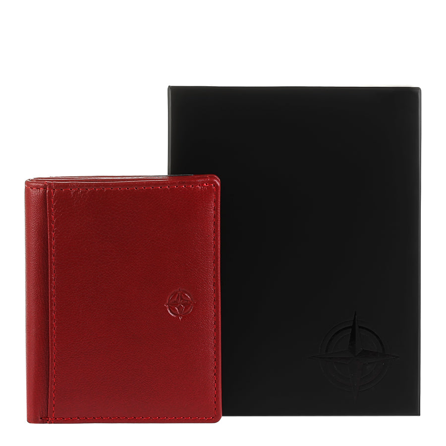 Tony Perotti Cortina 5045 rosso — the card wallet next to its black Cortina gift box embossed with the compass emblem