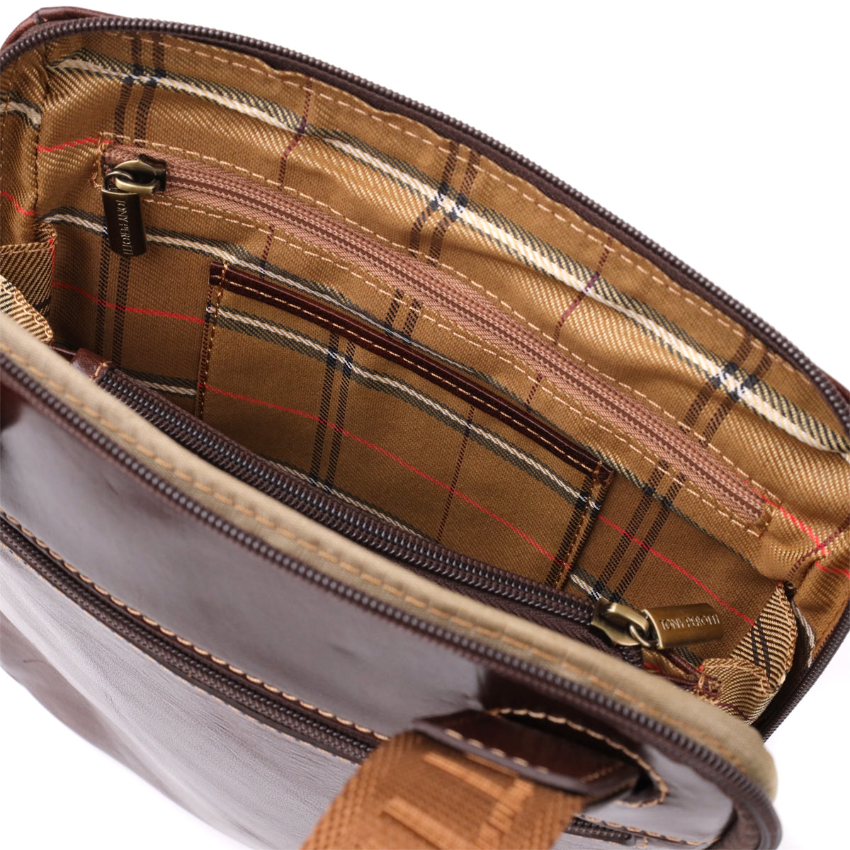 Close-up of the open dark brown Italico 9137-20 interior showing the checked lining, zip pocket and a card slip pocket