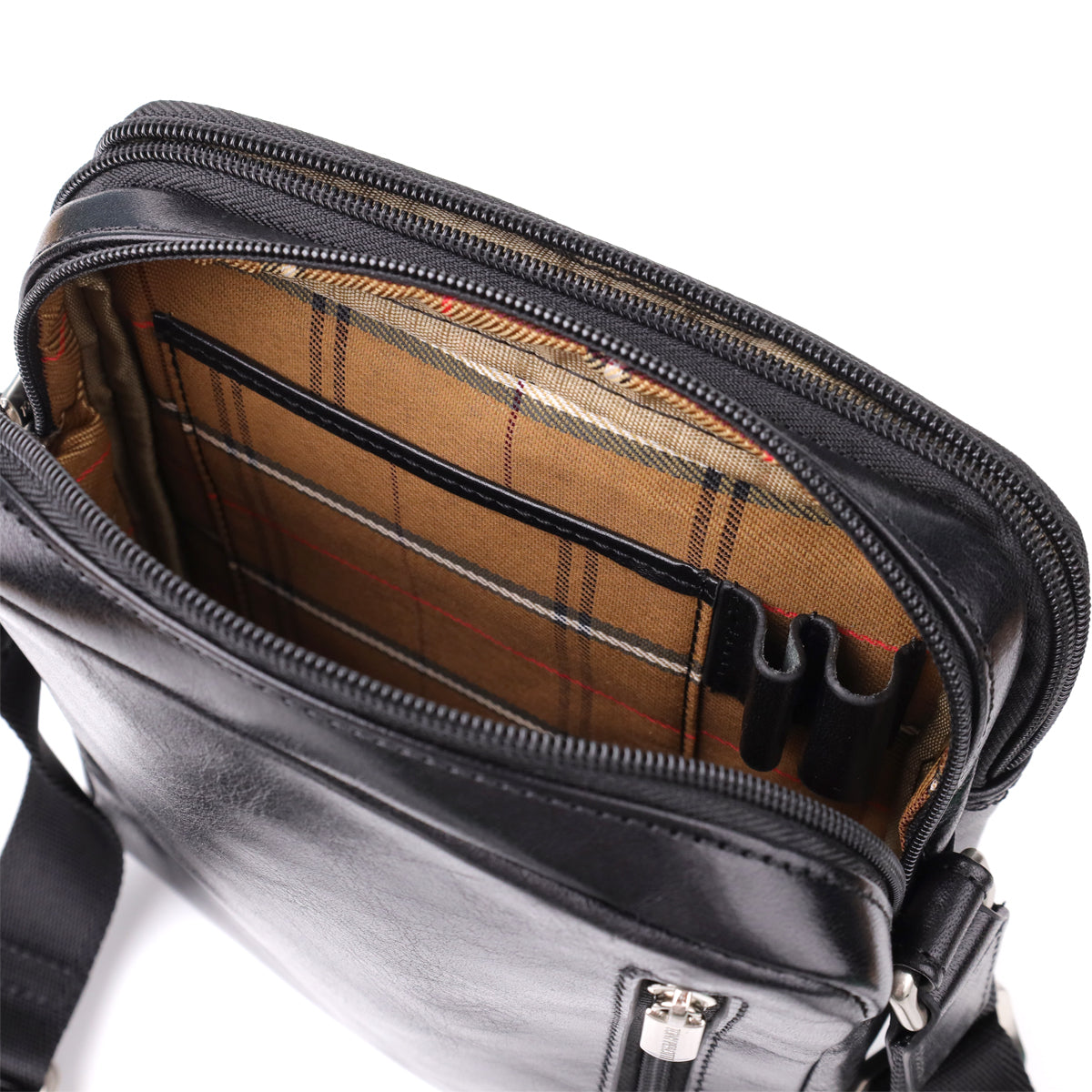 Close-up of the Italico 9148-17 black bag interior showing the checked lining and three pen loops