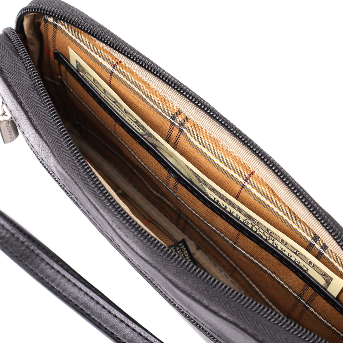 Tony Perotti Italico 9405 nero black leather clutch open and filled — a banknote in the section, checked lining