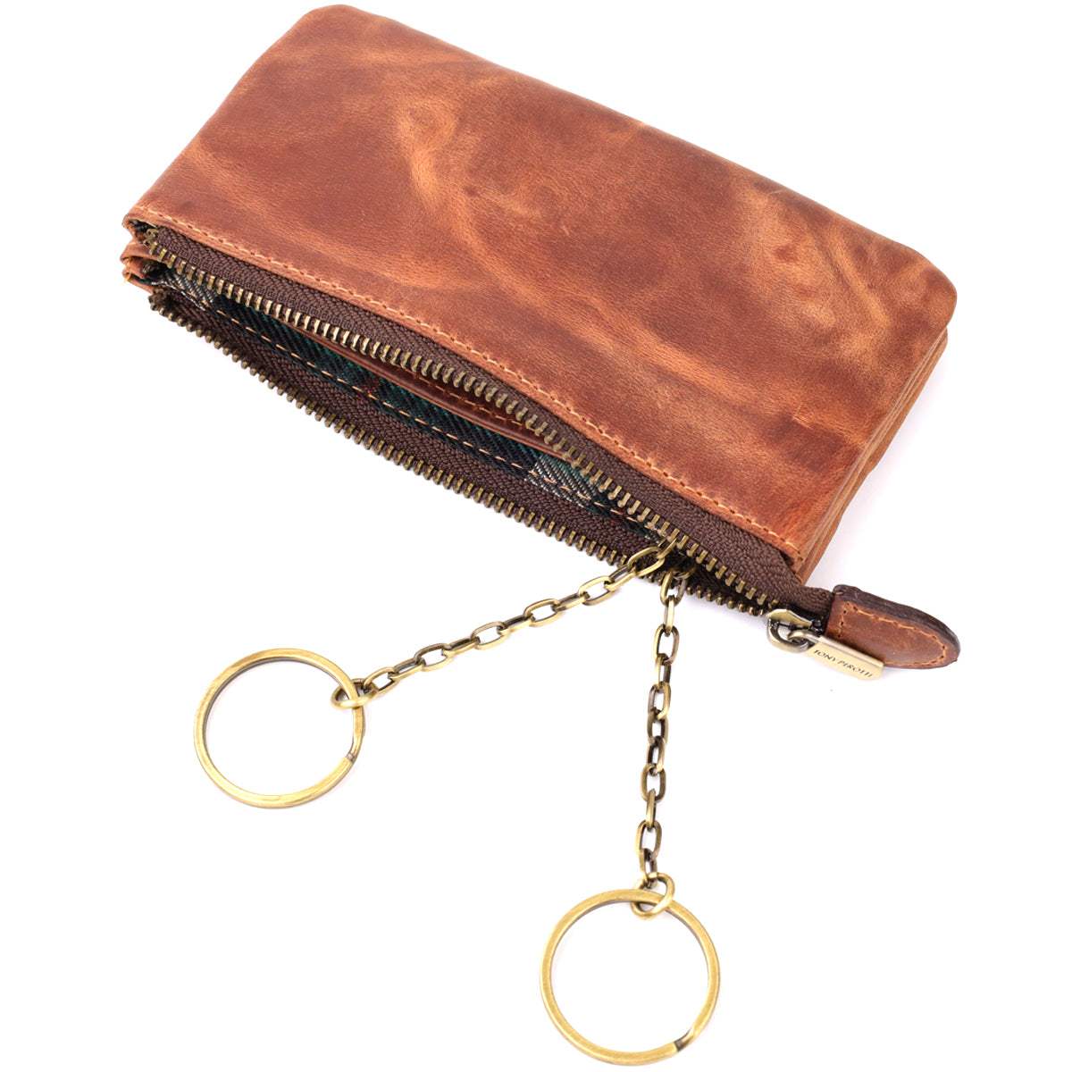 Tony Perotti Arno 3350 whisky key case with both key rings on brass chains hanging free