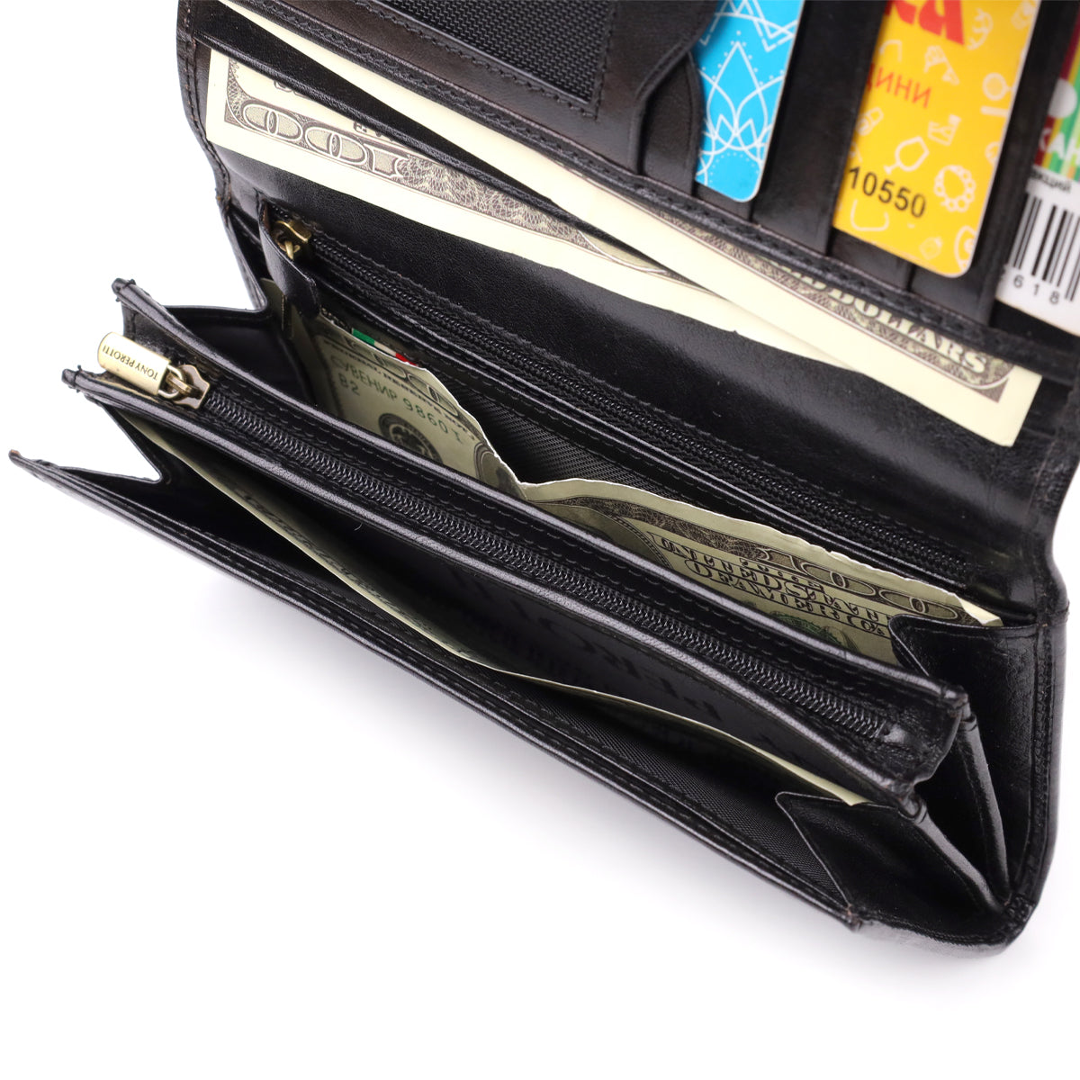 Tony Perotti Italico 1073 nero black leather wallet open — a separate internal zip pocket with a branded Tony Perotti zip pull, filled with banknotes
