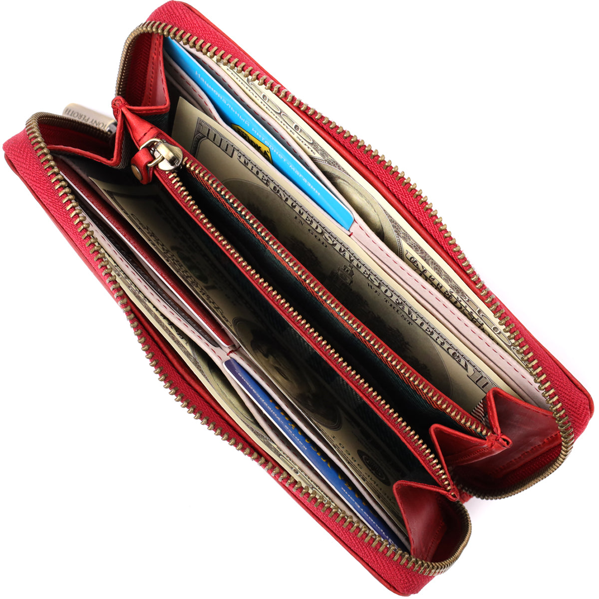 Tony Perotti Arno 2250 rosso red leather wallet open and filled — dollar and hryvnia banknotes and several cards
