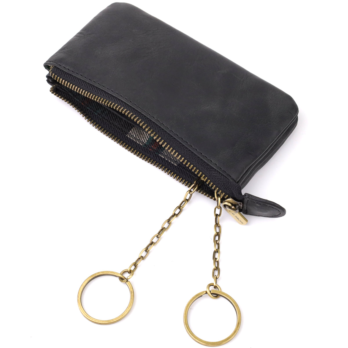 Tony Perotti Arno 3350 nero key case with both key rings on brass chains hanging free