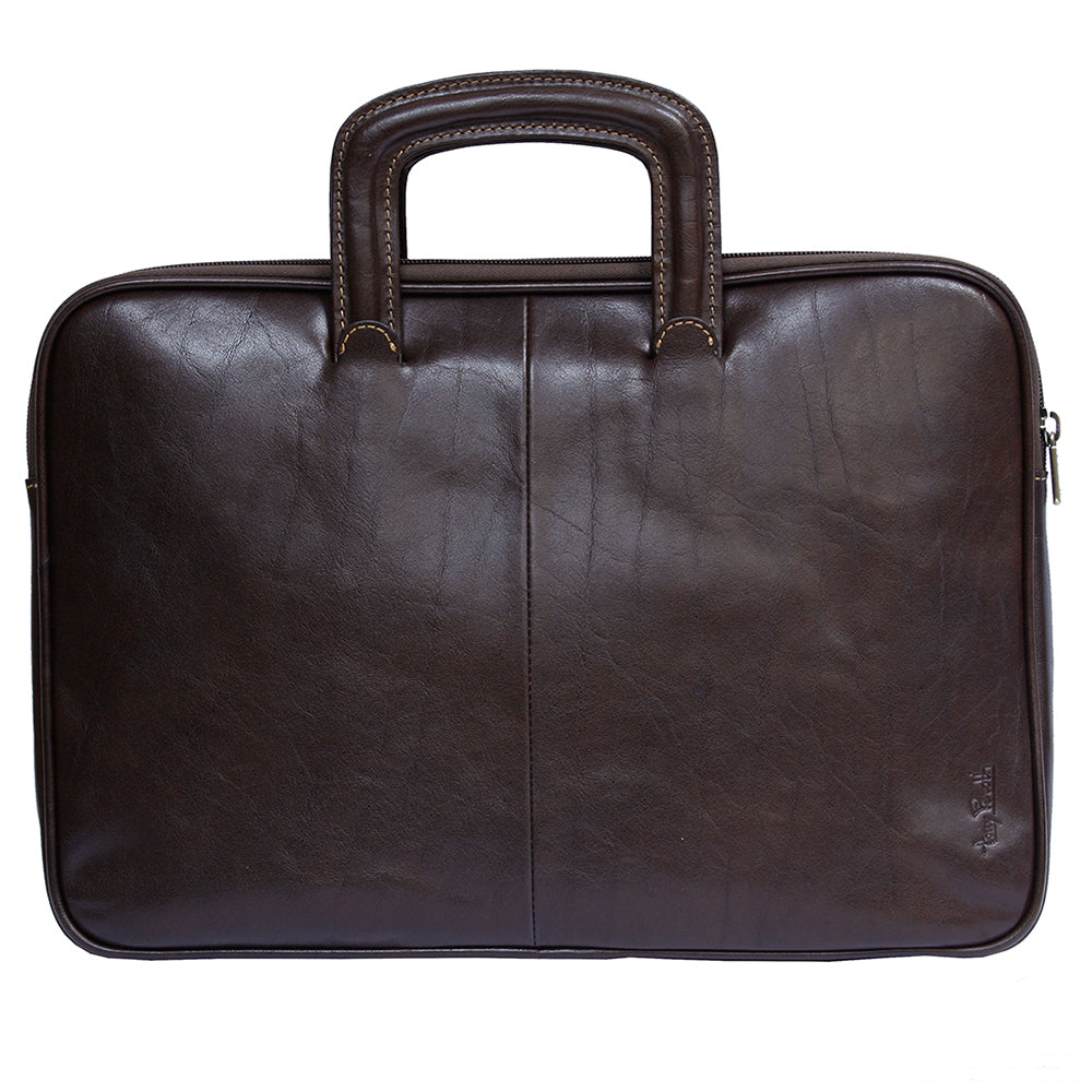 Back of the dark brown Italico 8090 portfolio — smooth panel with the embossed Tony Perotti signature