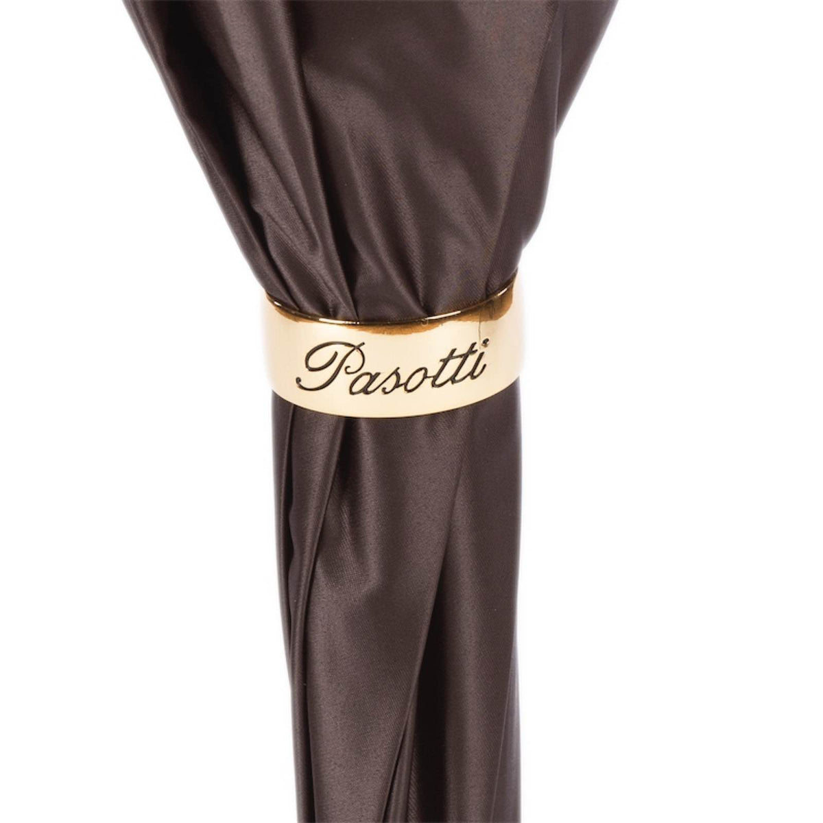 Gold-tone ring engraved Pasotti on the furled brown canopy