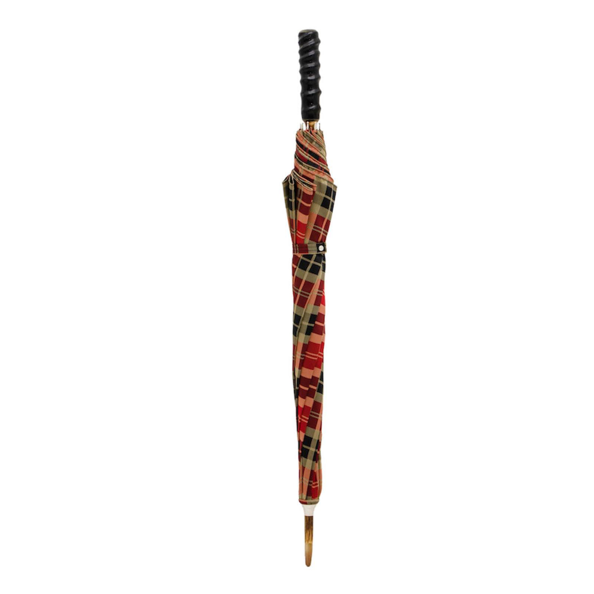 Closed red tartan umbrella standing upright with the oryx horn handle on top