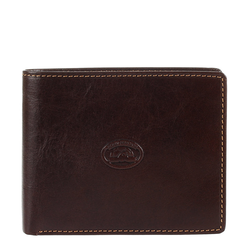 Dark brown leather bifold wallet Tony Perotti Italico 3620 moro — front with embossed turtle emblem and tan stitching