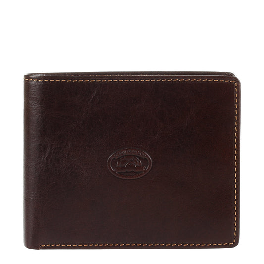 Dark brown leather bifold wallet Tony Perotti Italico 3620 moro — front with embossed turtle emblem and tan stitching