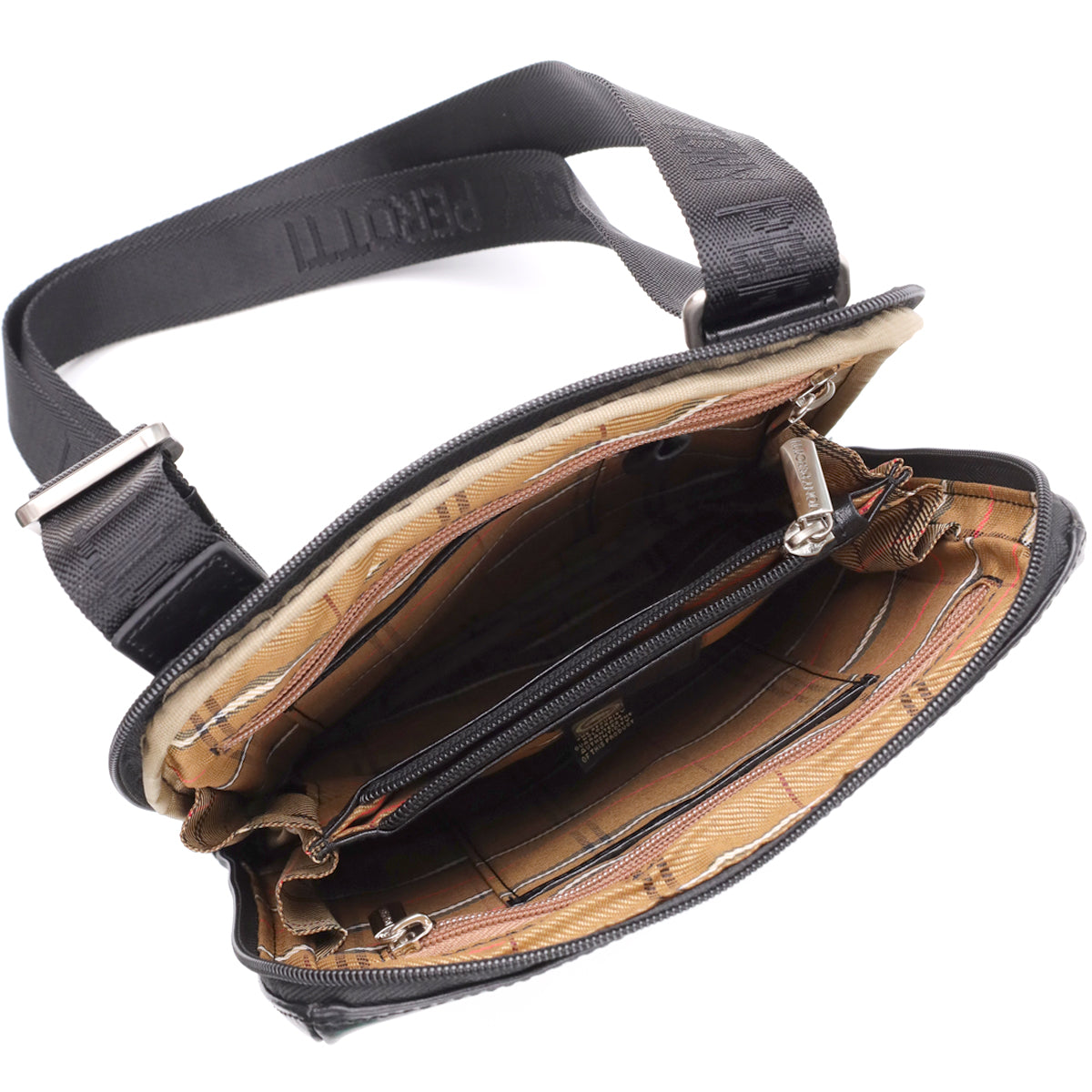 Italico 9137-20 bag opened wide with the shoulder strap draped over the top, showing the full multi-compartment interior