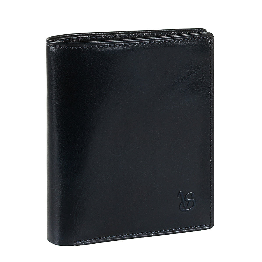 Tony Perotti Viasorte 1165 navy leather wallet standing closed, three-quarter view