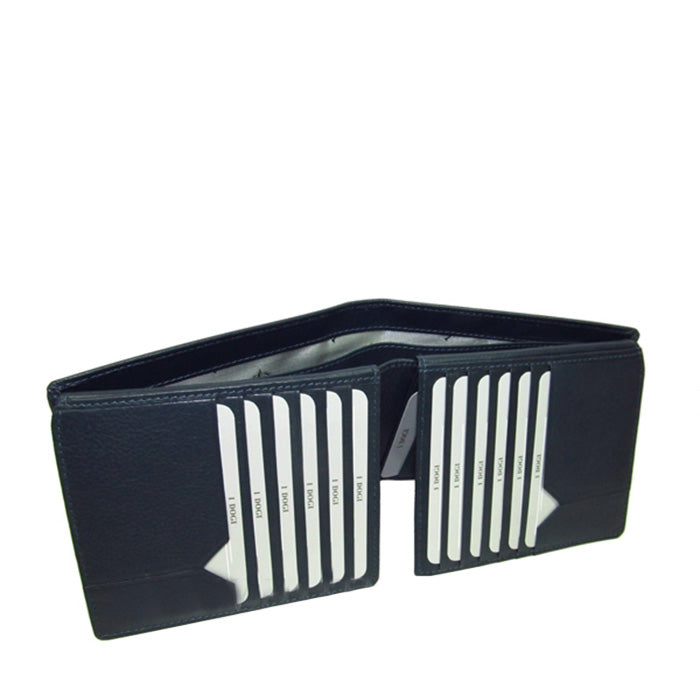 Tony Perotti Cortina 5068 navy opened at an angle — the card slots on both panels and the compartment behind