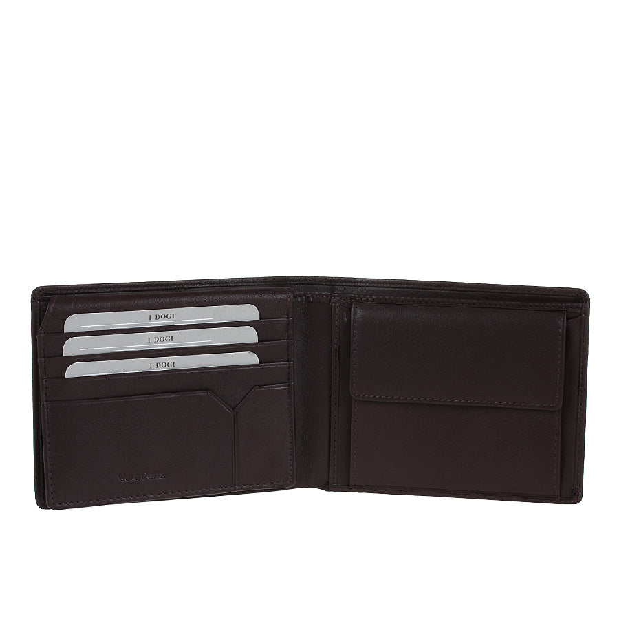 Tony Perotti Cortina 5017 moro opened — card slots and a slip pocket on the left, the snap coin pocket on the right
