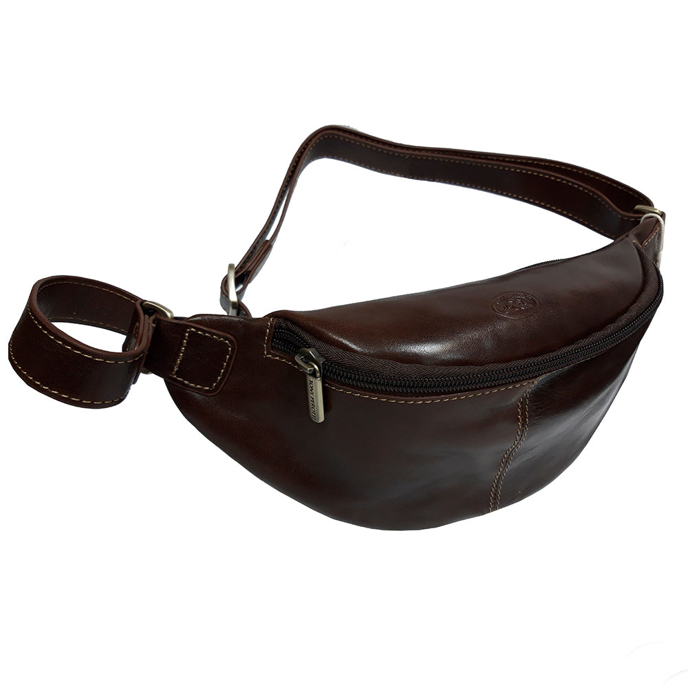 Angled view of the dark brown Italico 6175 belt bag — Tony Perotti branded metal puller and coiled leather belt