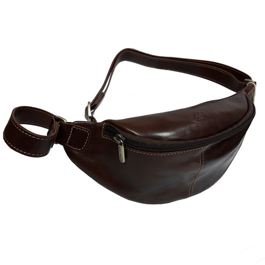 Angled view of the dark brown Italico 6175 belt bag — Tony Perotti branded metal puller and coiled leather belt
