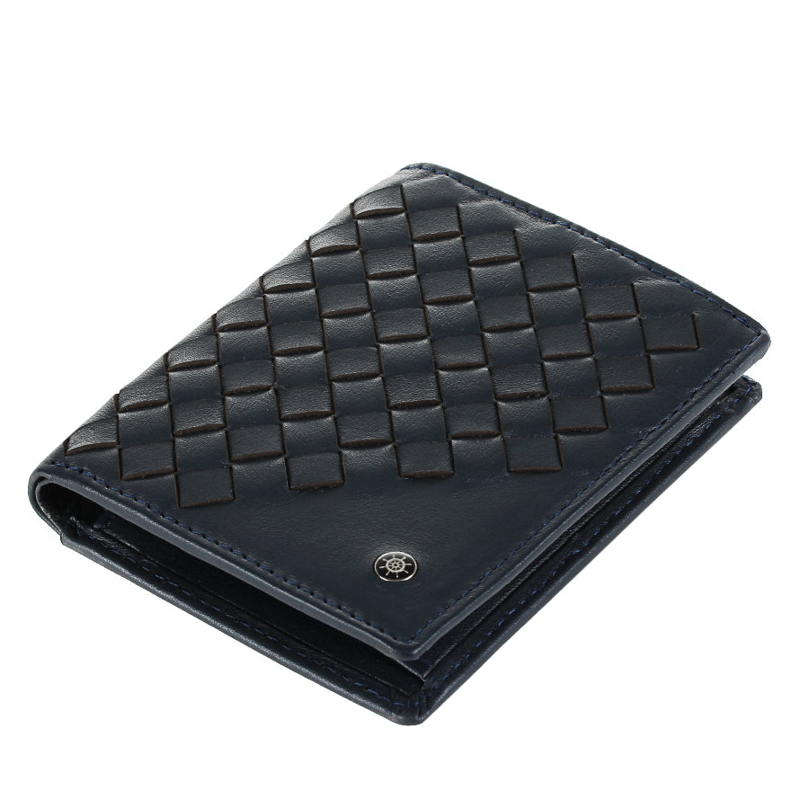 Tony Perotti Timone intrecciato 12071 navy navy woven leather compact wallet lying closed, angled view