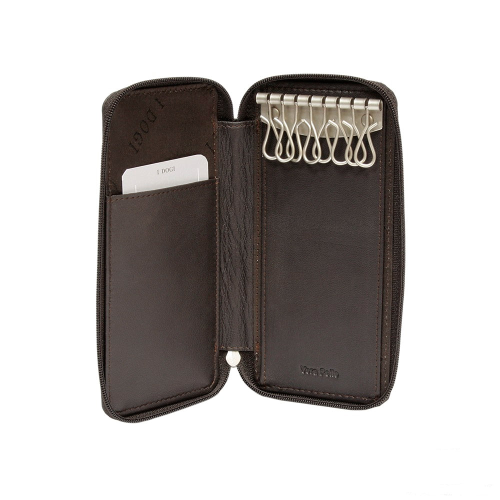 Tony Perotti Cortina 5026 moro — open: eight snap hooks on the metal bar, leather card pocket with «I DOGI» embossed above it and «Vera Pelle» below