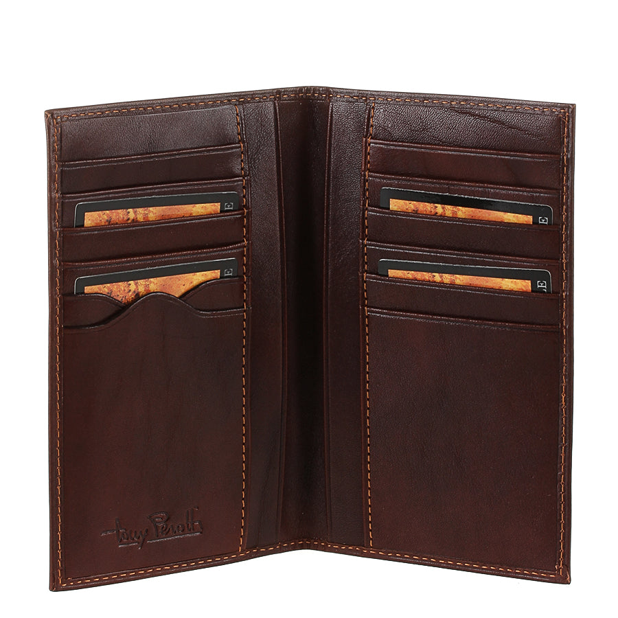 Open dark brown leather coat wallet with card slots — Tony Perotti Italico 1438