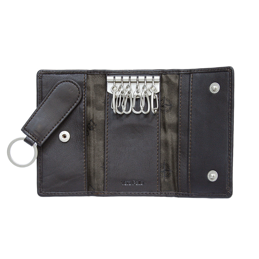 Dark brown leather key case opened flat with six swivel hooks and the detachable fob — Cortina 5005 moro