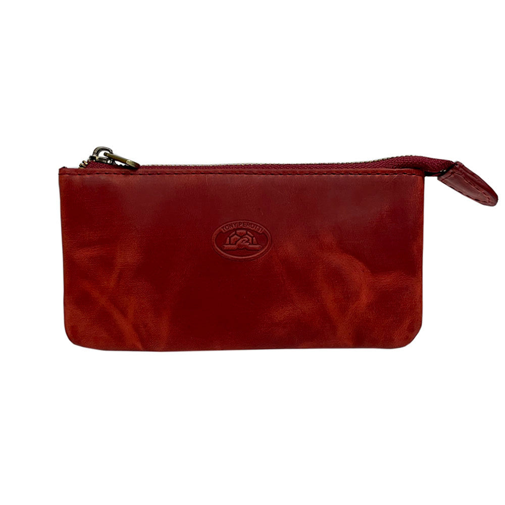 Red Tony Perotti key case handcrafted in Italy — front view with the rings tucked inside and a leather zip pull