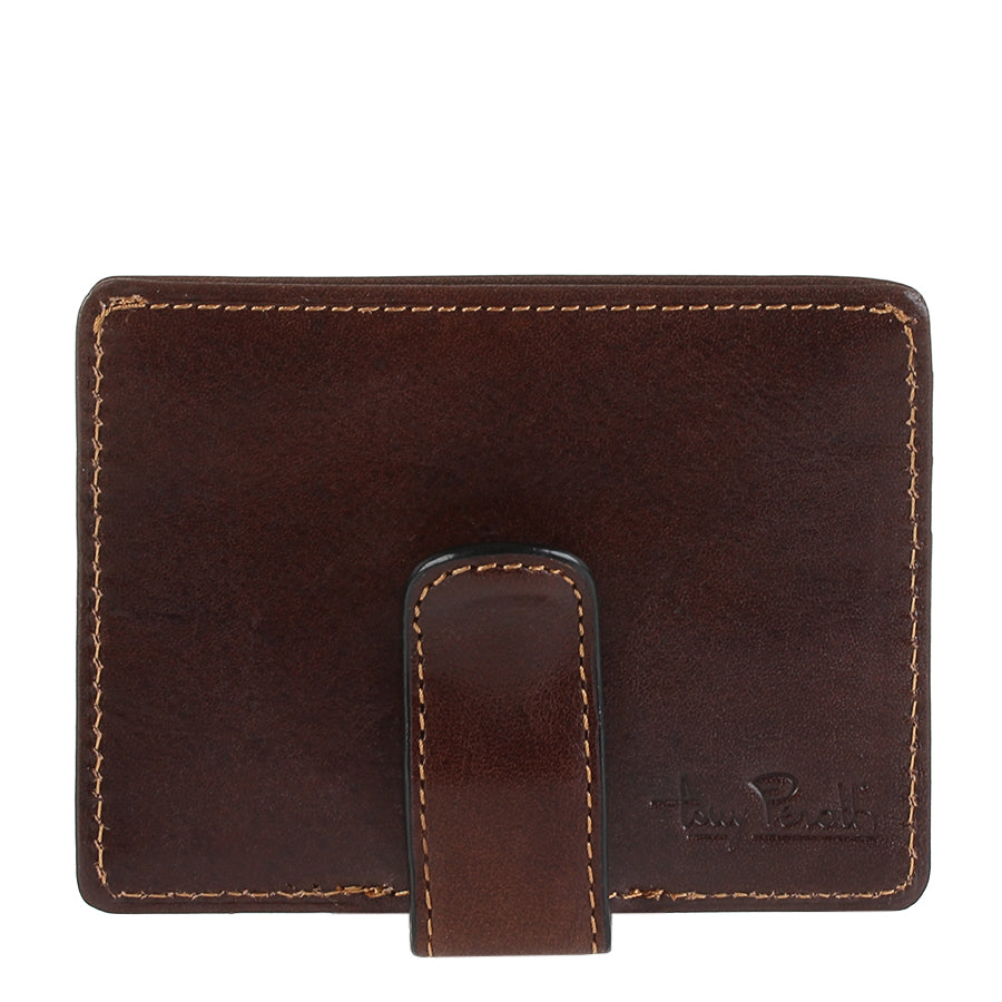 Dark brown leather card holder back with leather money clip strap — Tony Perotti Italico 2553 moro