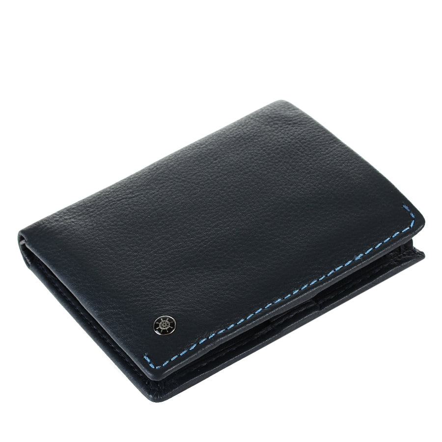 Tony Perotti Timone 11071 navy compact leather wallet lying closed, angled view