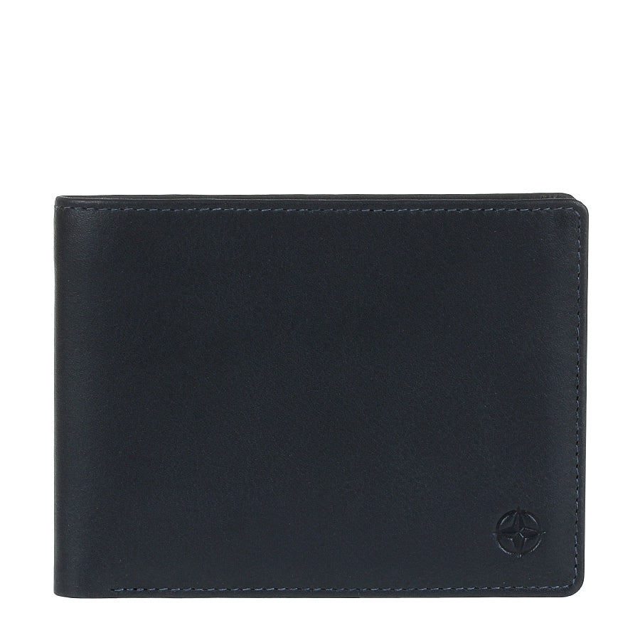 Navy Tony Perotti Cortina 5014 leather bifold wallet seen straight on, closed, with the embossed compass rose in the lower corner