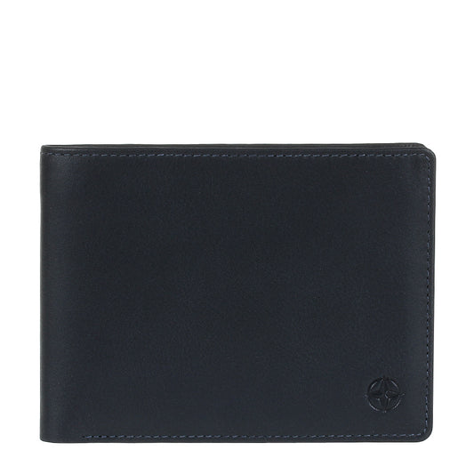 Navy Tony Perotti Cortina 5014 leather bifold wallet seen straight on, closed, with the embossed compass rose in the lower corner
