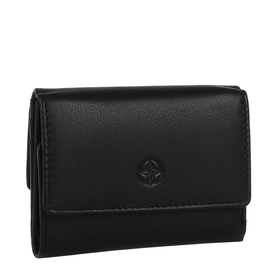 Black Tony Perotti Cortina 5056 trifold wallet standing at a three-quarter angle, flap closed