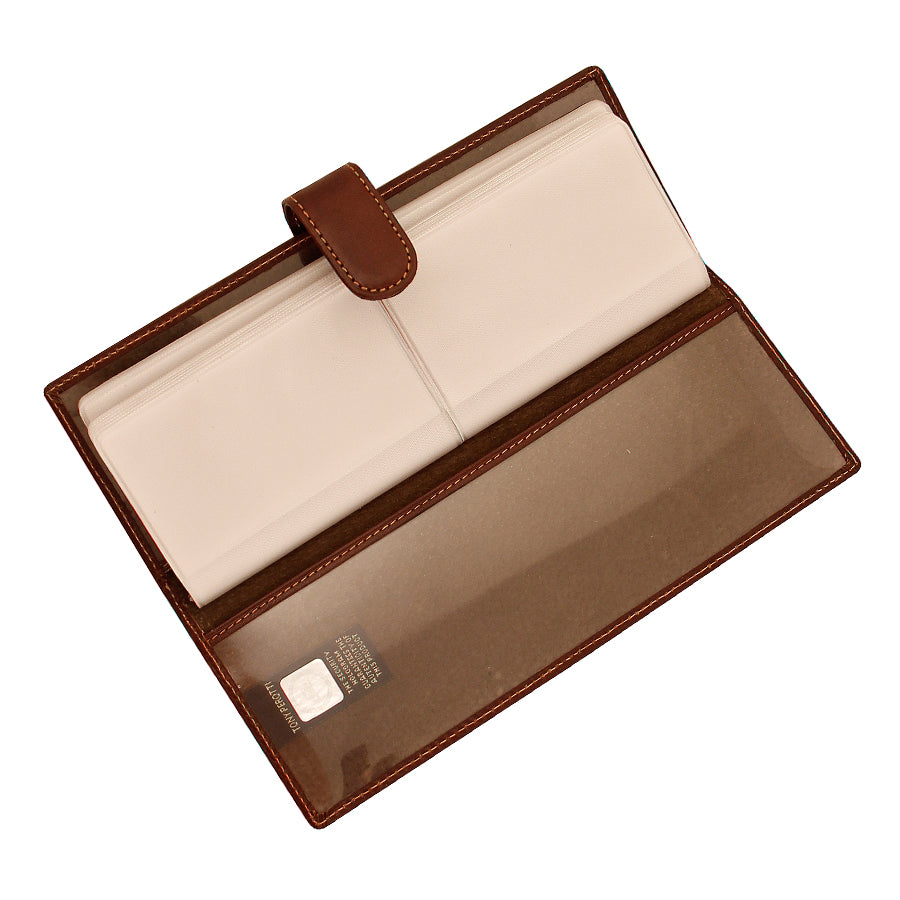 Dark brown leather long business card holder open with clear sleeves — Tony Perotti Italico 2639 moro